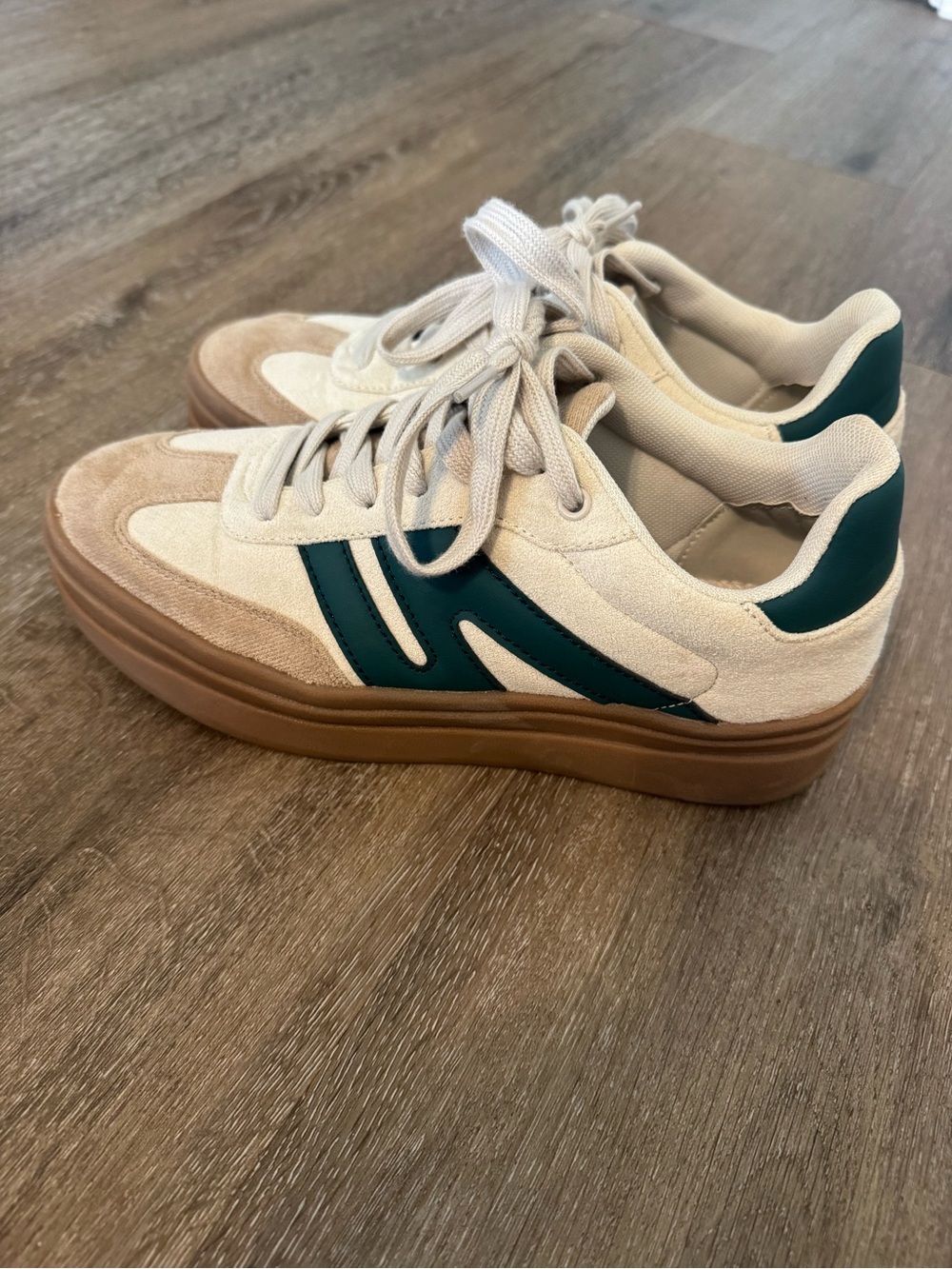 Women's Neutral Suede & Canvas Sneakers with Teal Accent - Picture 4 of 4
